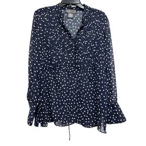 George by Mark Eisen Blouse Size M Blue White Polka Dot Sheer Long Sleeve V Neck